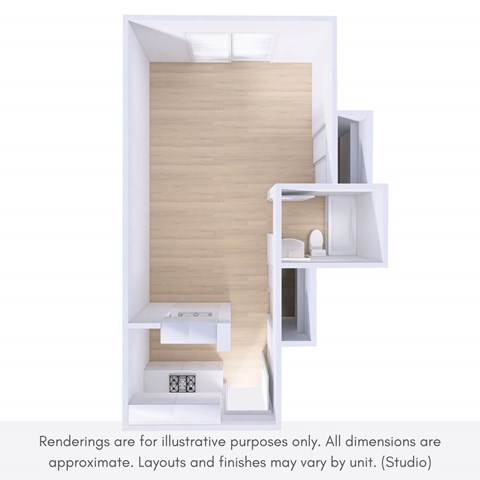 Floor plan for studio, 1 bath, 650 sqft